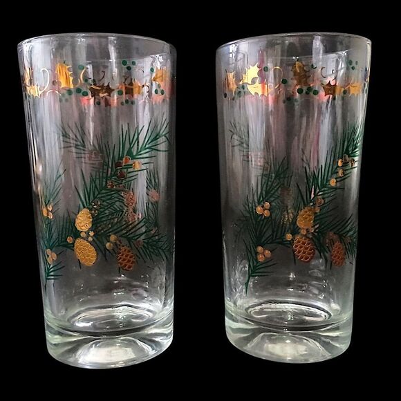 2 MCM Pine Branch Gold Holly Tumblers Continental Can Co Hazel Atlas Winter Vtg. - Picture 8 of 16
